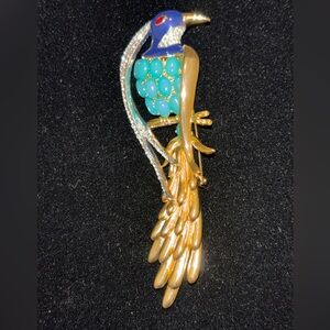 Chic Gold and Blue Bird Brooch